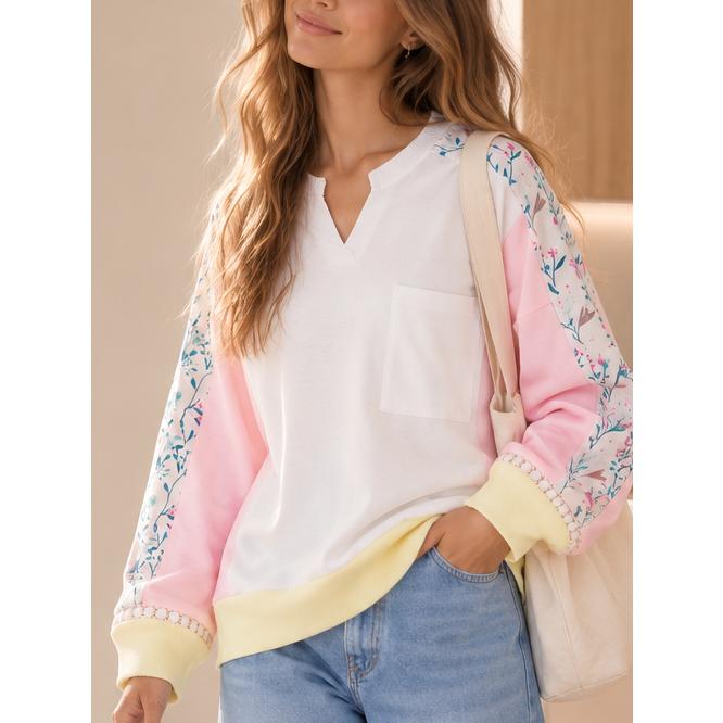 Boho Cotton Solid Floral Patch Oversized Bishop Sleeve Pocket Top