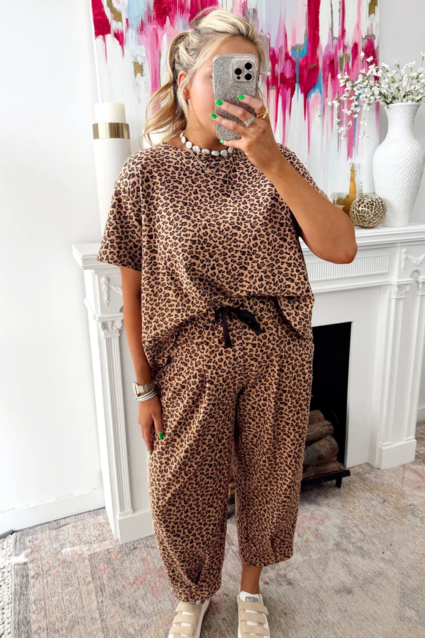 White Leopard High-Low Loose Tee Ankle Length Pants Set