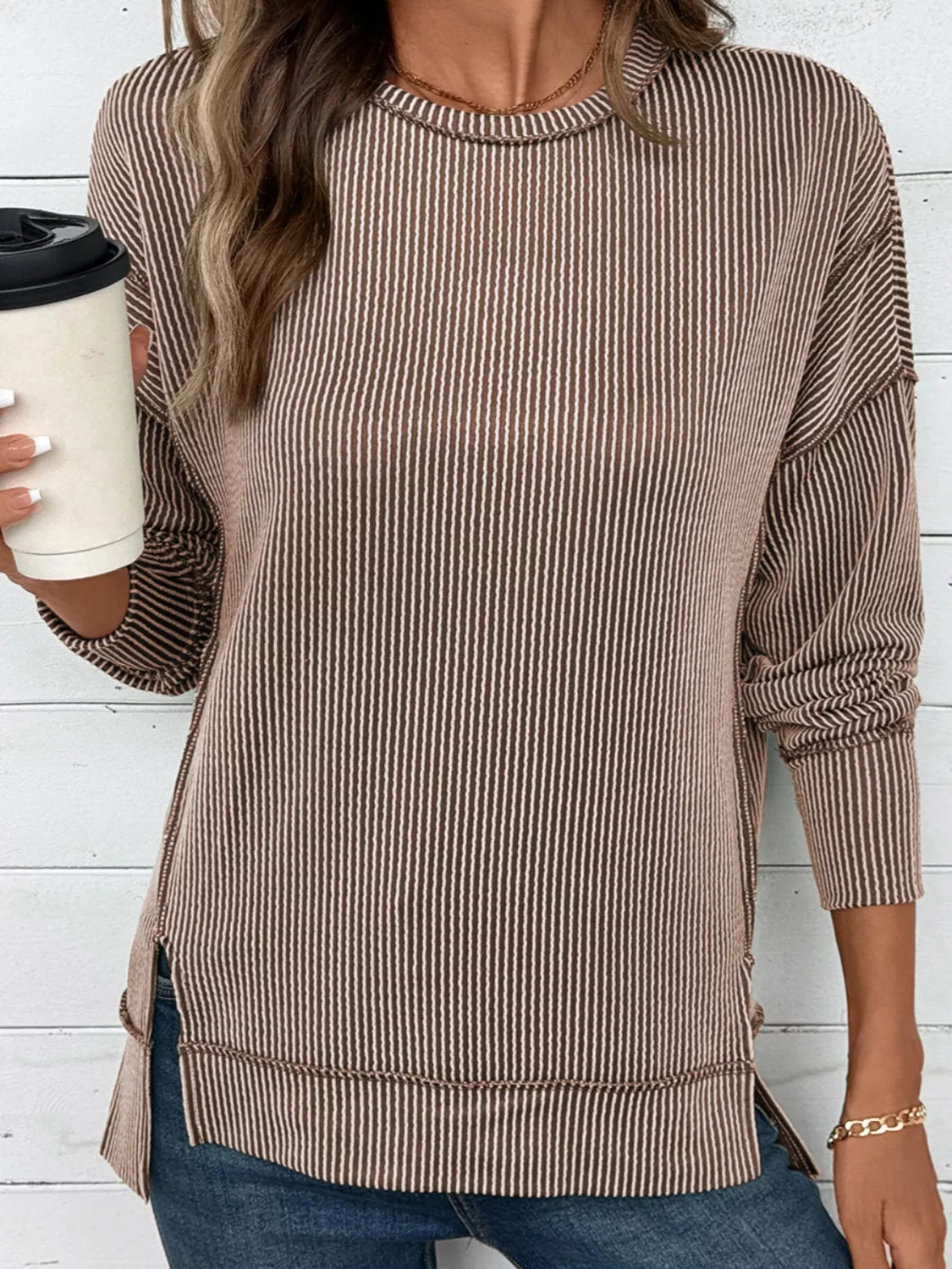 Side Slit Round Neck Sweatshirt