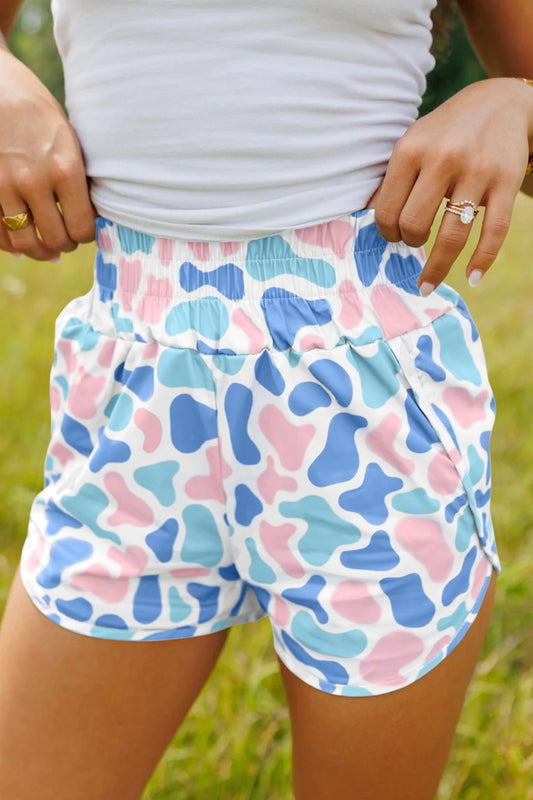 Sky Blue Camouflage Print Shirred High Waist Athleisure Shorts Wild and Free Boutique