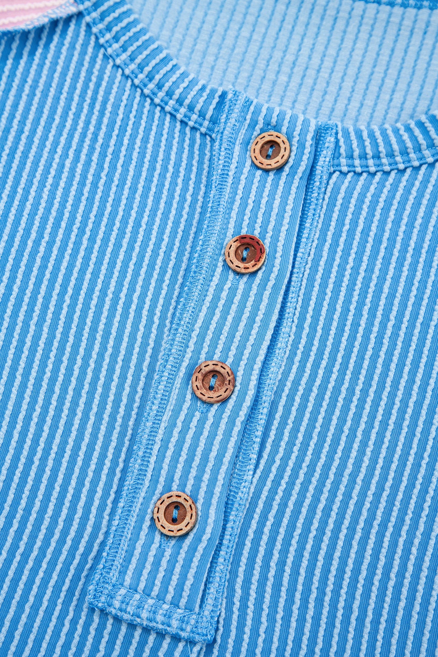 Blue Twisted Ribbed Color Block Patchwork Henley Short Sleeve T Shirt