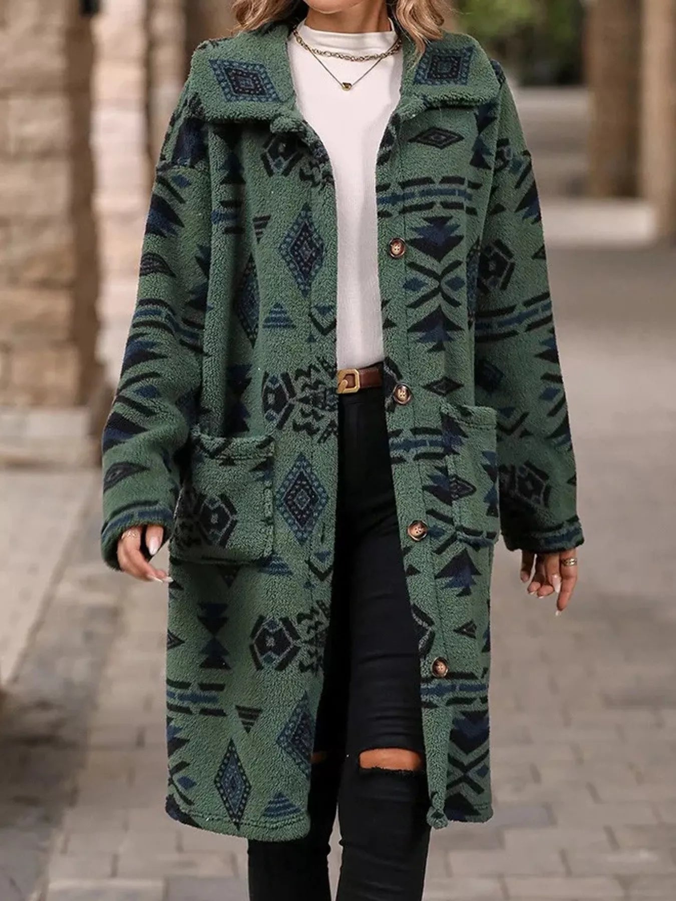 Geometric Button Up Longline Coat