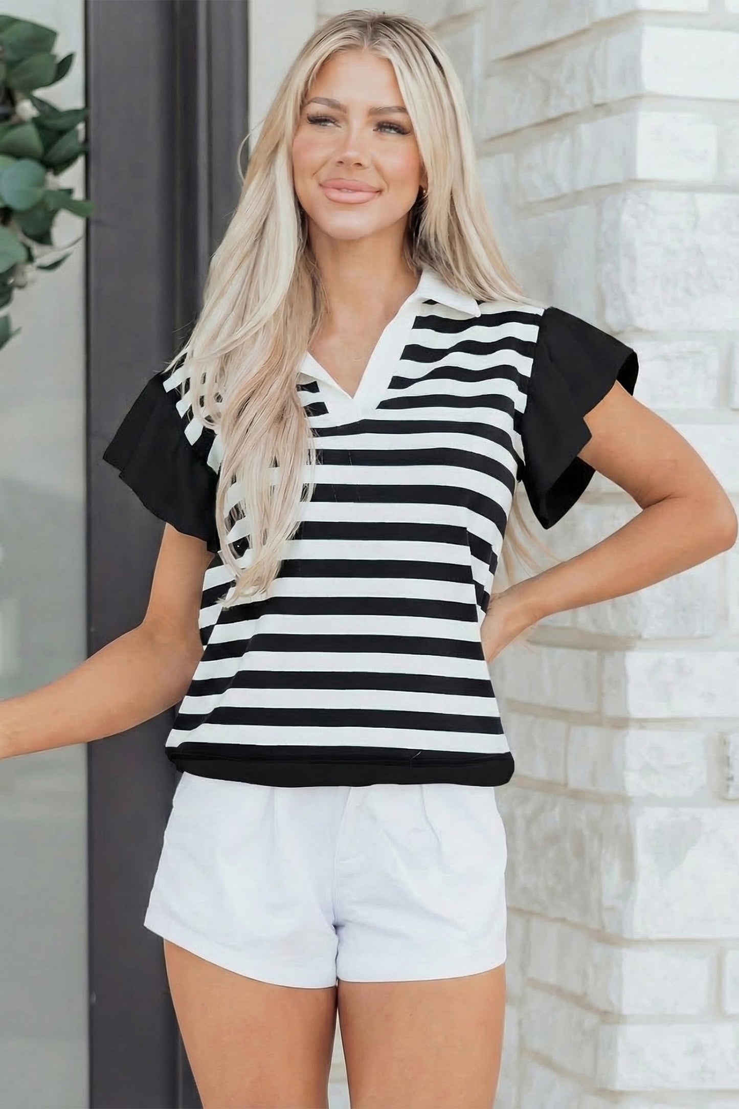 Pink Stripe Collar V Neck Ruffled Short Sleeve Blouse
