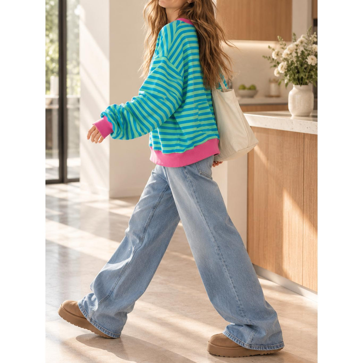 Boho Retro 90's Cotton Mix  Drop Shoulder Stripe Sweatshirt