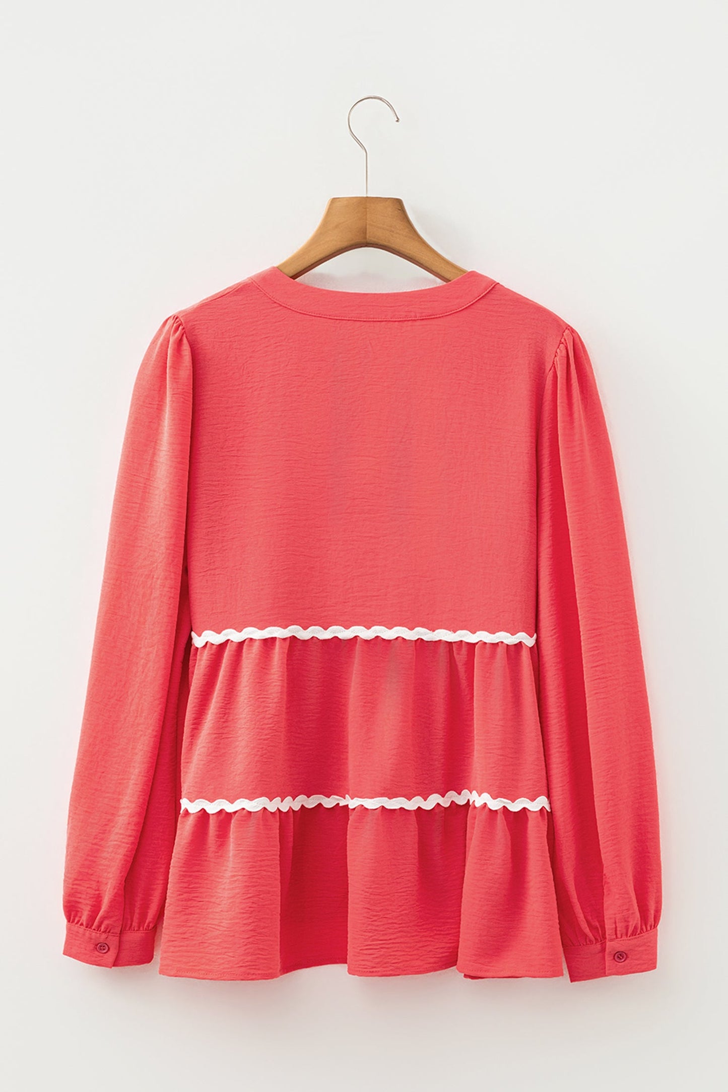 Coral Contrast Ricrac Trim V Neck Button Down Long Sleeve Shirt