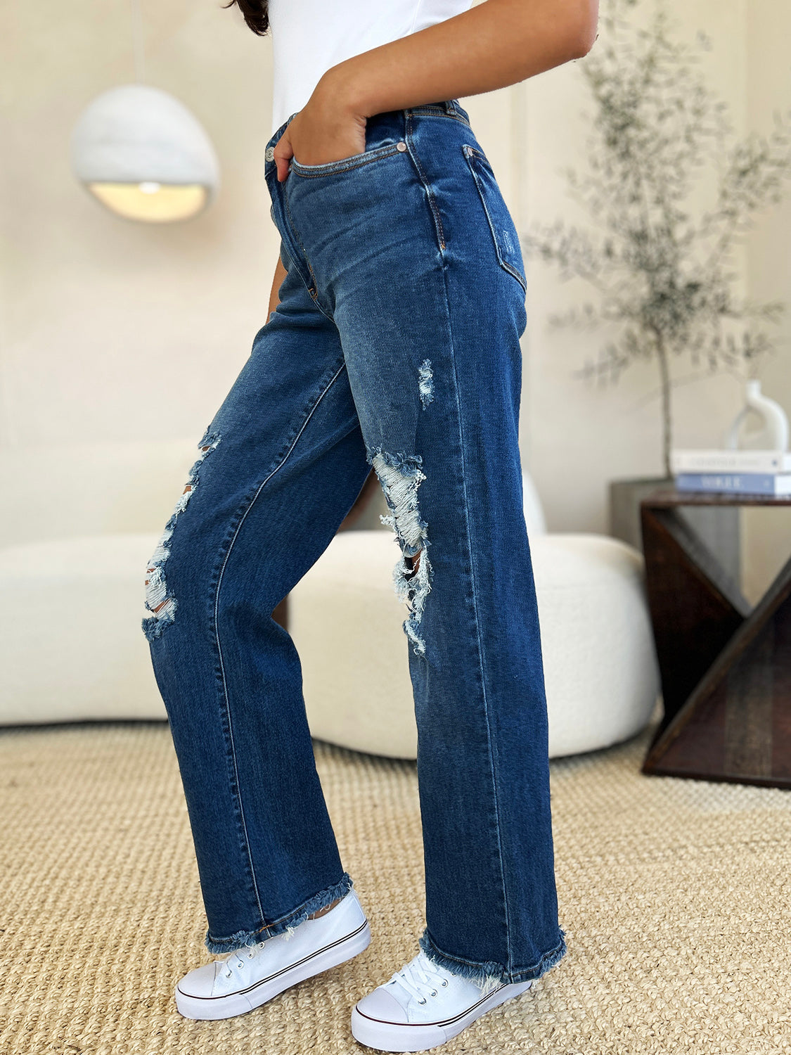 Judy Blue Full Size Mid Rise Distressed Raw Hem Jeans Creative Chaos Boutique