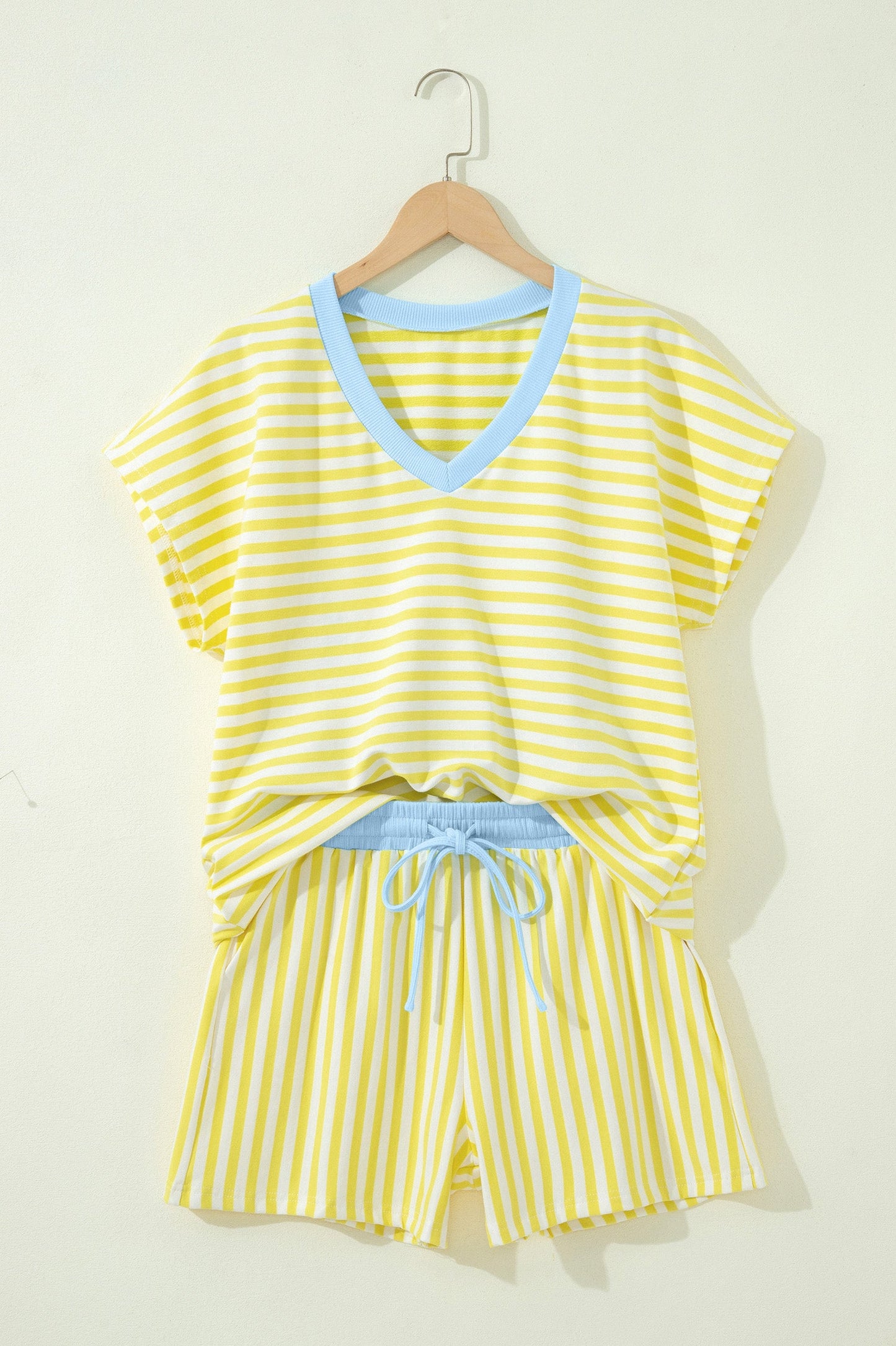 Yellow Stripe Colorblock Trim V Neck Tee Drawstring Elastic Waist Short Set
