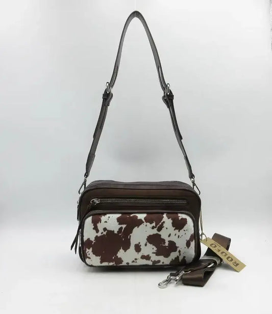 RODEO BROWN COW PRINT CROSS BODY HANDBAG