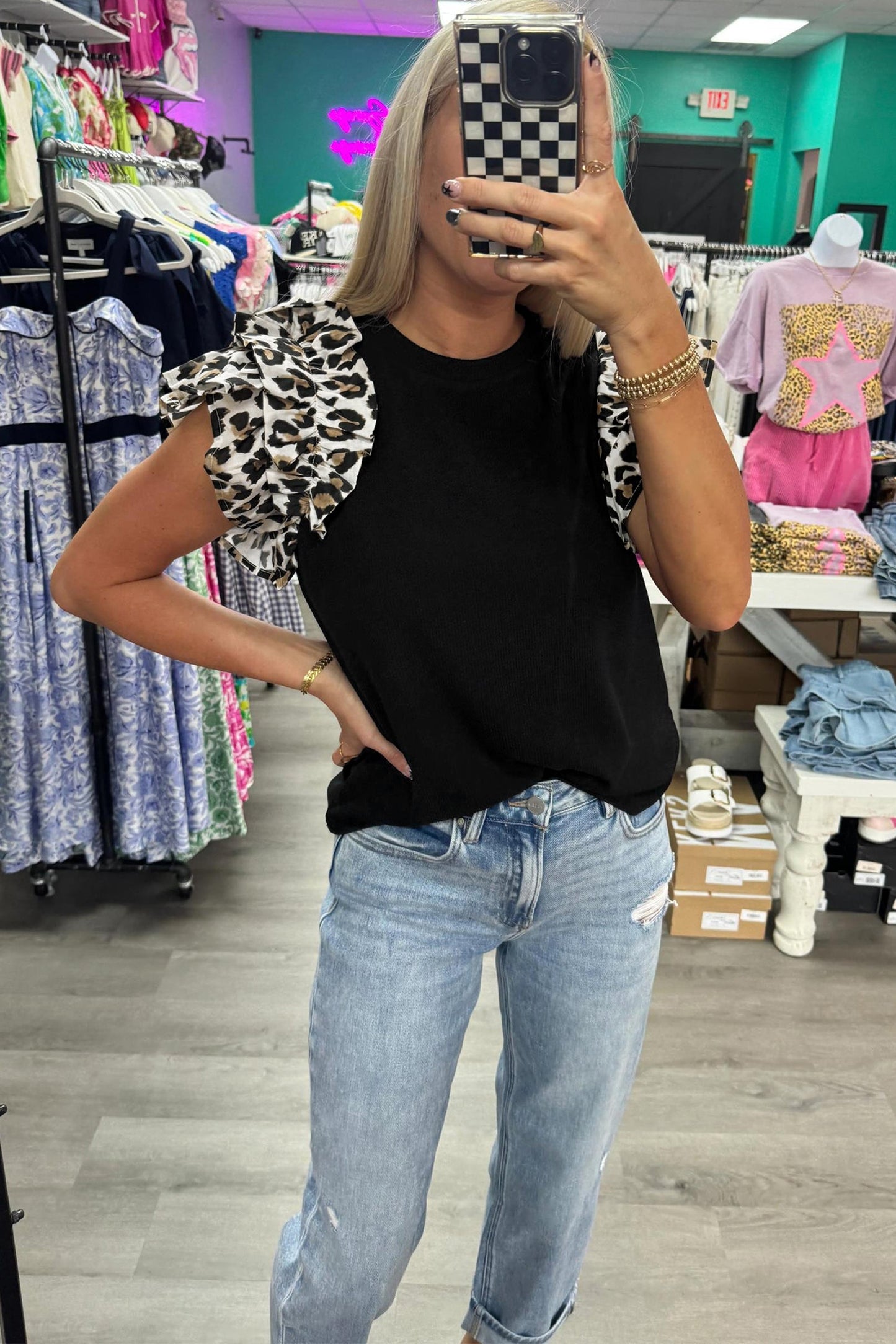 Black Contrast Leopard Ruffled Short Sleeve Ribbed Knit Top