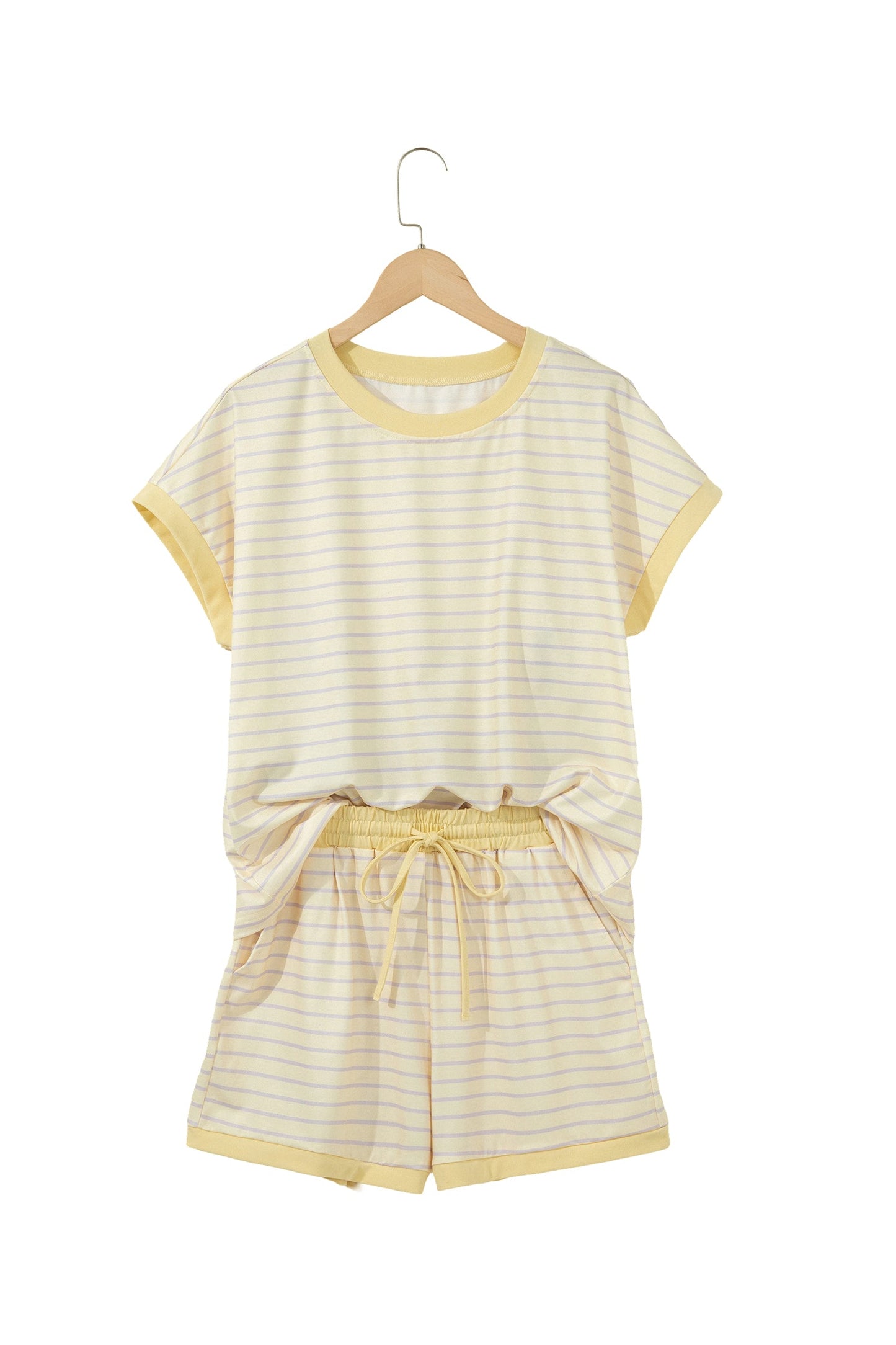 Yellow Stripe Relaxed Tee Drawstring Shorts 2pcs Outfit Unique Oils