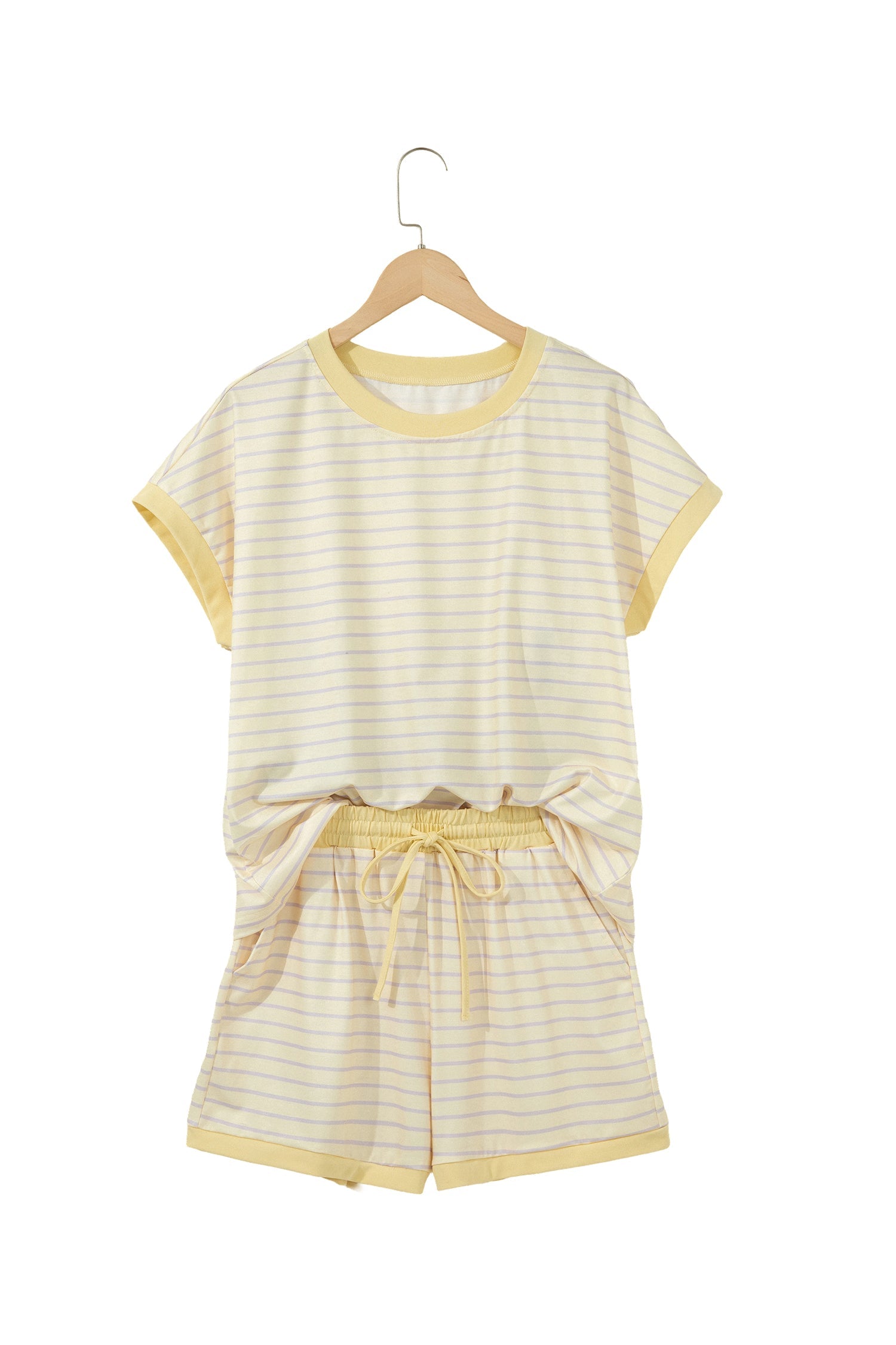 Yellow Stripe Relaxed Tee Drawstring Shorts 2pcs Outfit Unique Oils