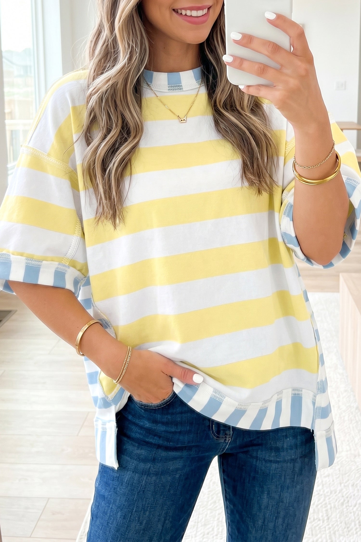 Yellow Stripe Exposed Seam Contrast Patchwork Oversized Top Unique Oils