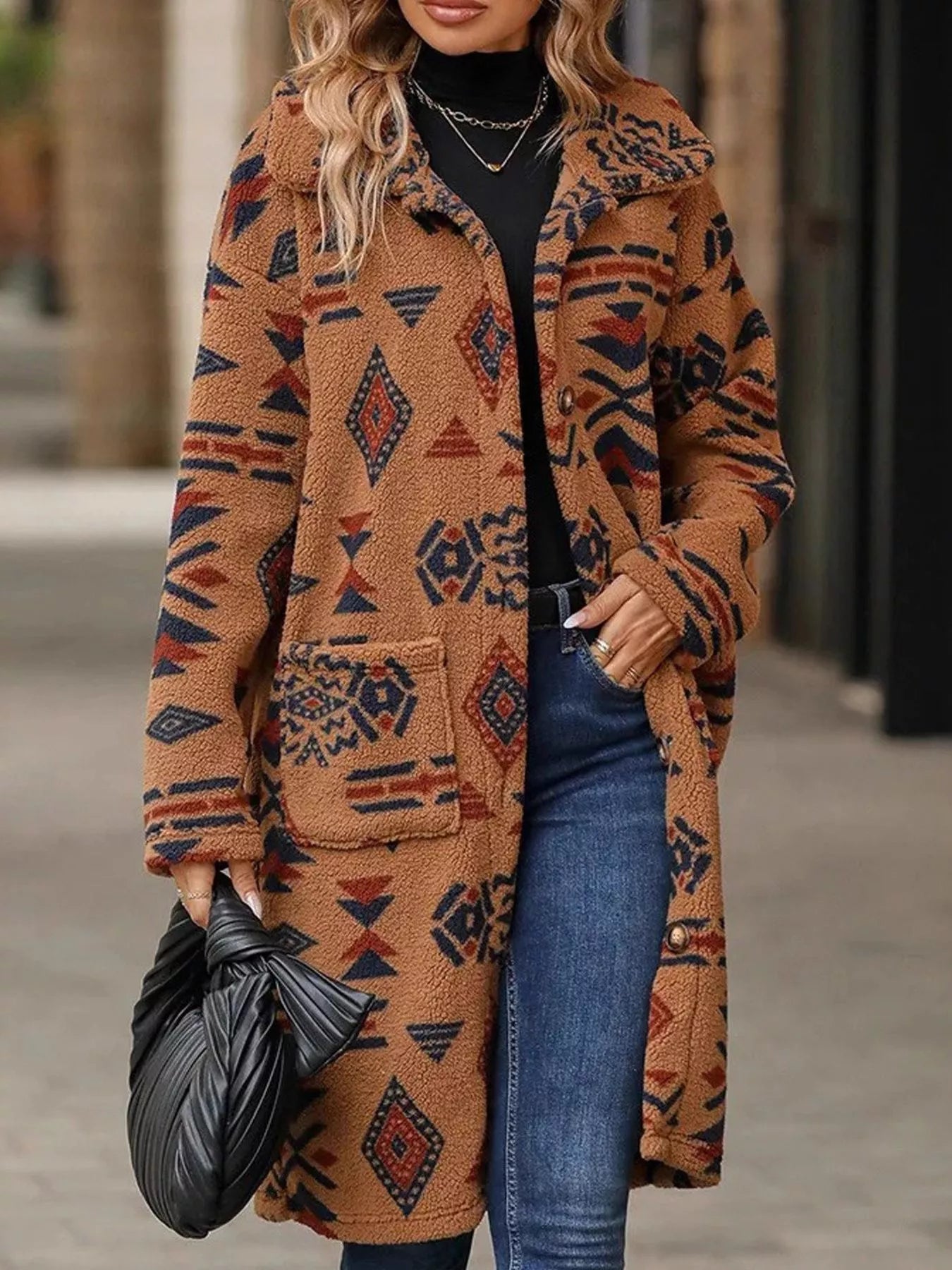 Geometric Button Up Longline Coat