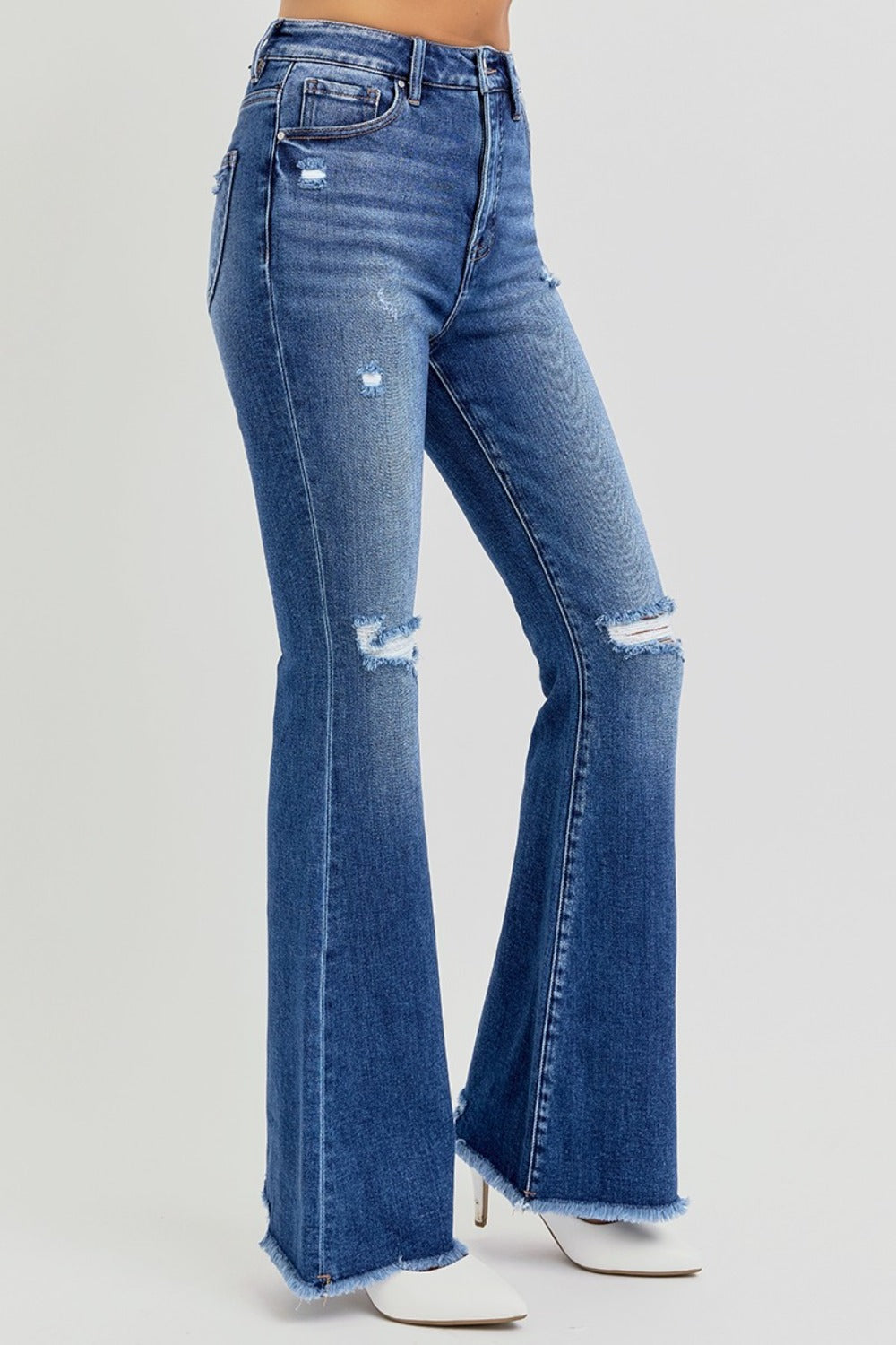 RISEN Full Size High Rise Distressed Raw Hem Flare Jeans Creative Chaos Boutique