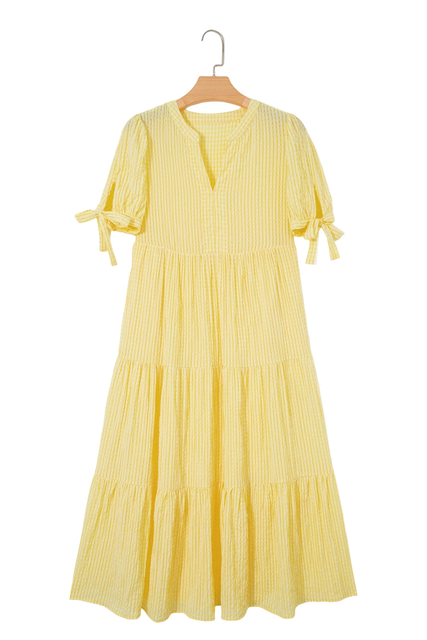 Yellow Gingham Textured Bow Tie Short Sleeve Tiered Midi Dress