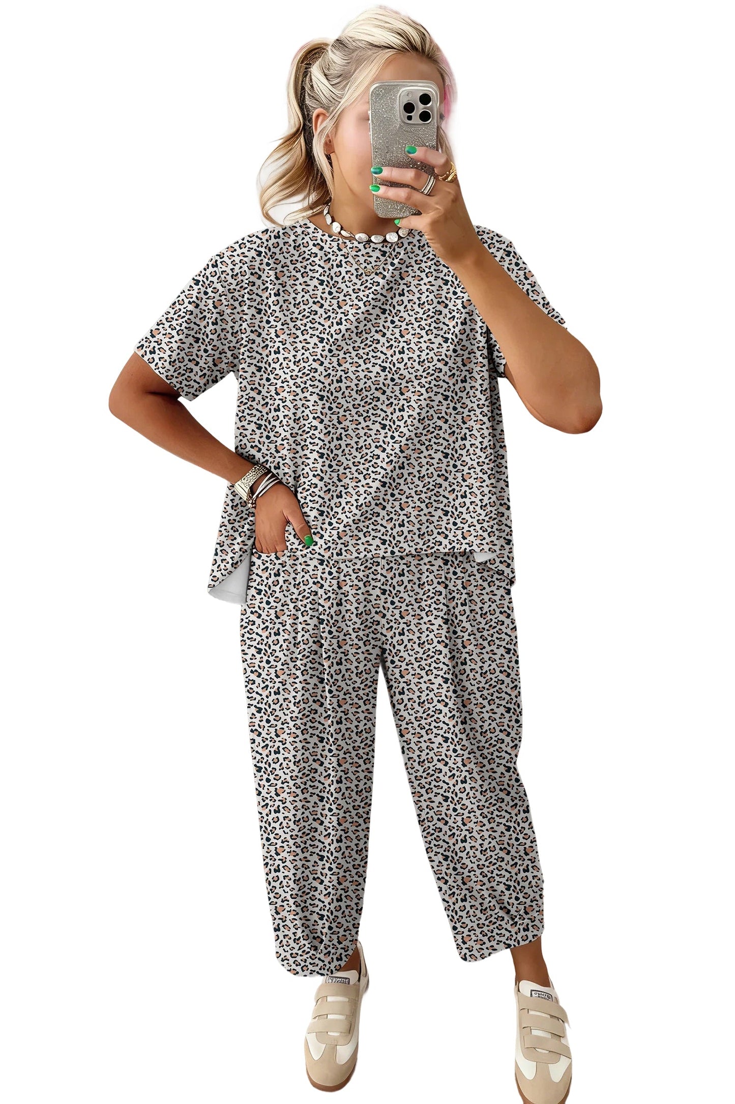 White Leopard High-Low Loose Tee Ankle Length Pants Set