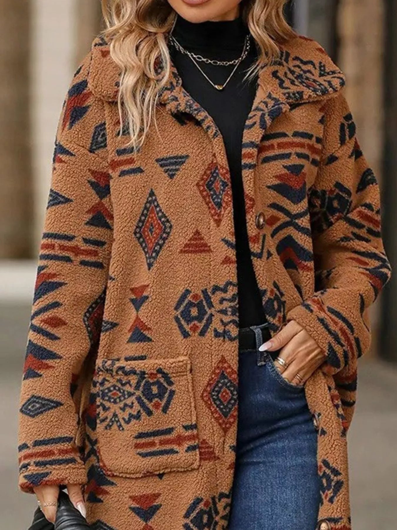 Geometric Button Up Longline Coat