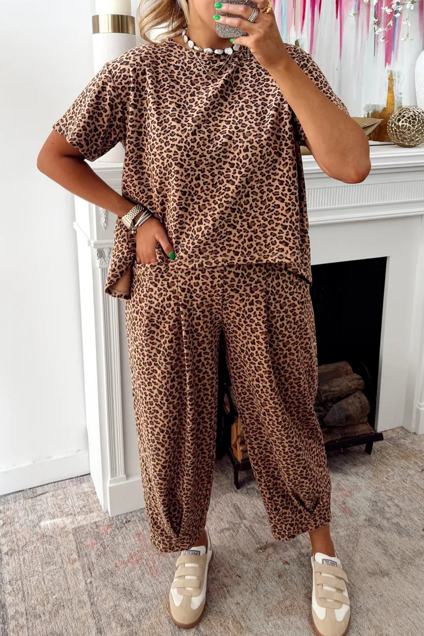 White Leopard High-Low Loose Tee Ankle Length Pants Set