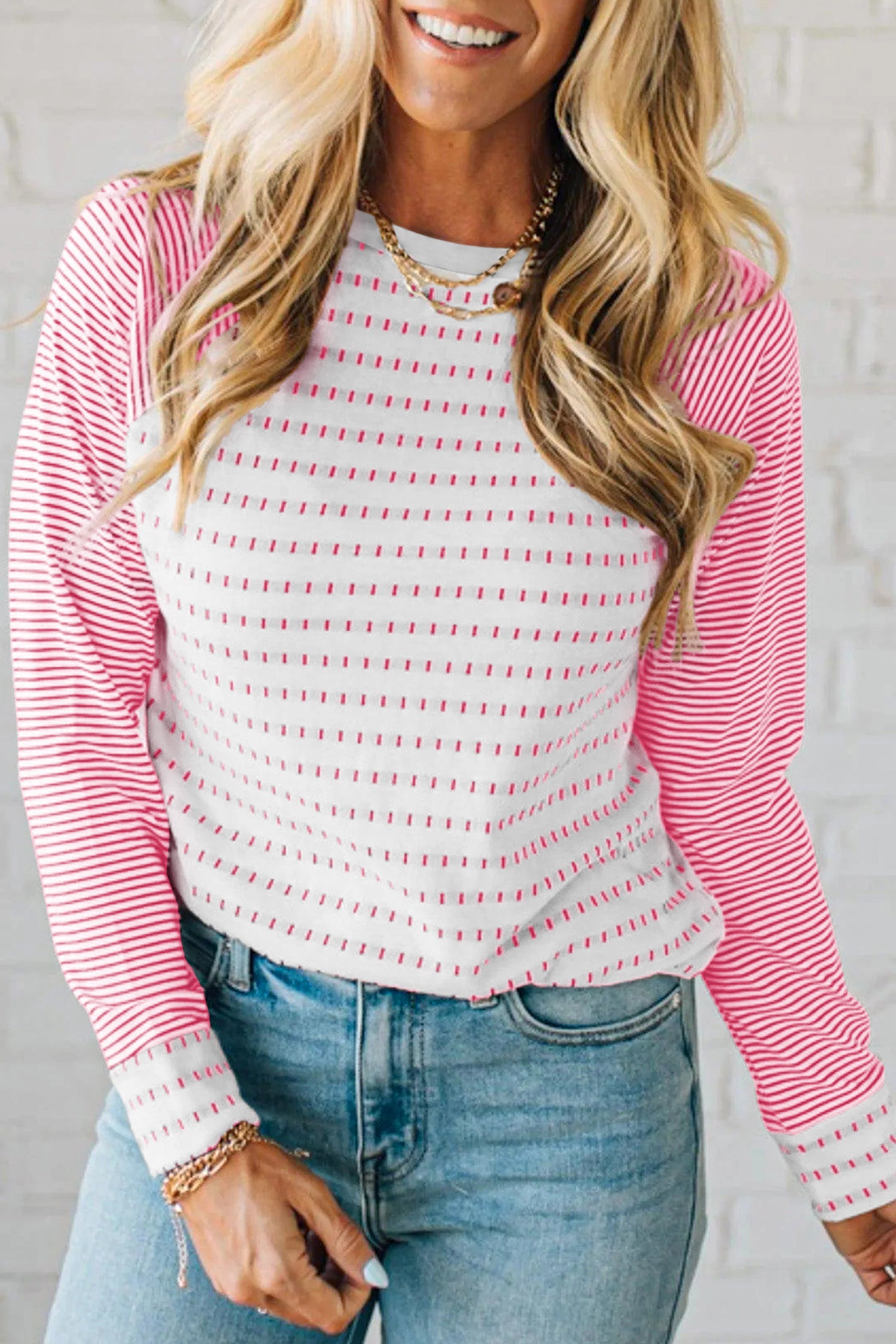 Rose Stripe Raglan Patchwork Long Sleeve Tee Wild and Free Boutique