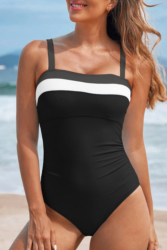 Black Color Block Detail Adjustable Straps One Piece Swimsuit Wild and Free Boutique