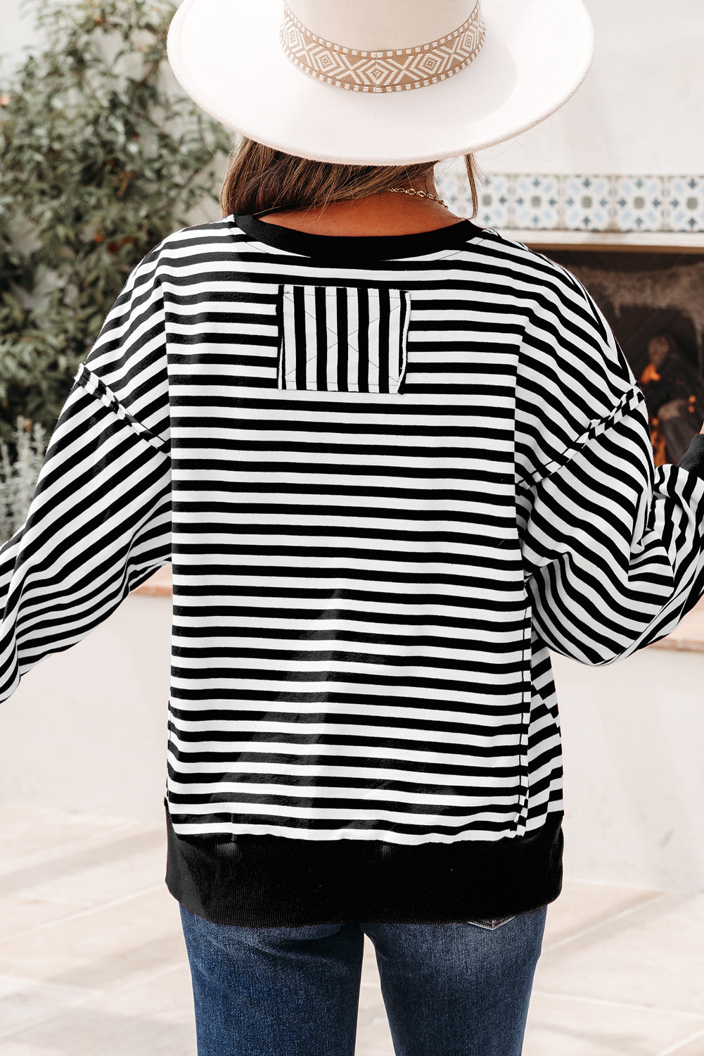 Orange Stripe Exposed Seam Drop Shoulder Casual Pullover Top