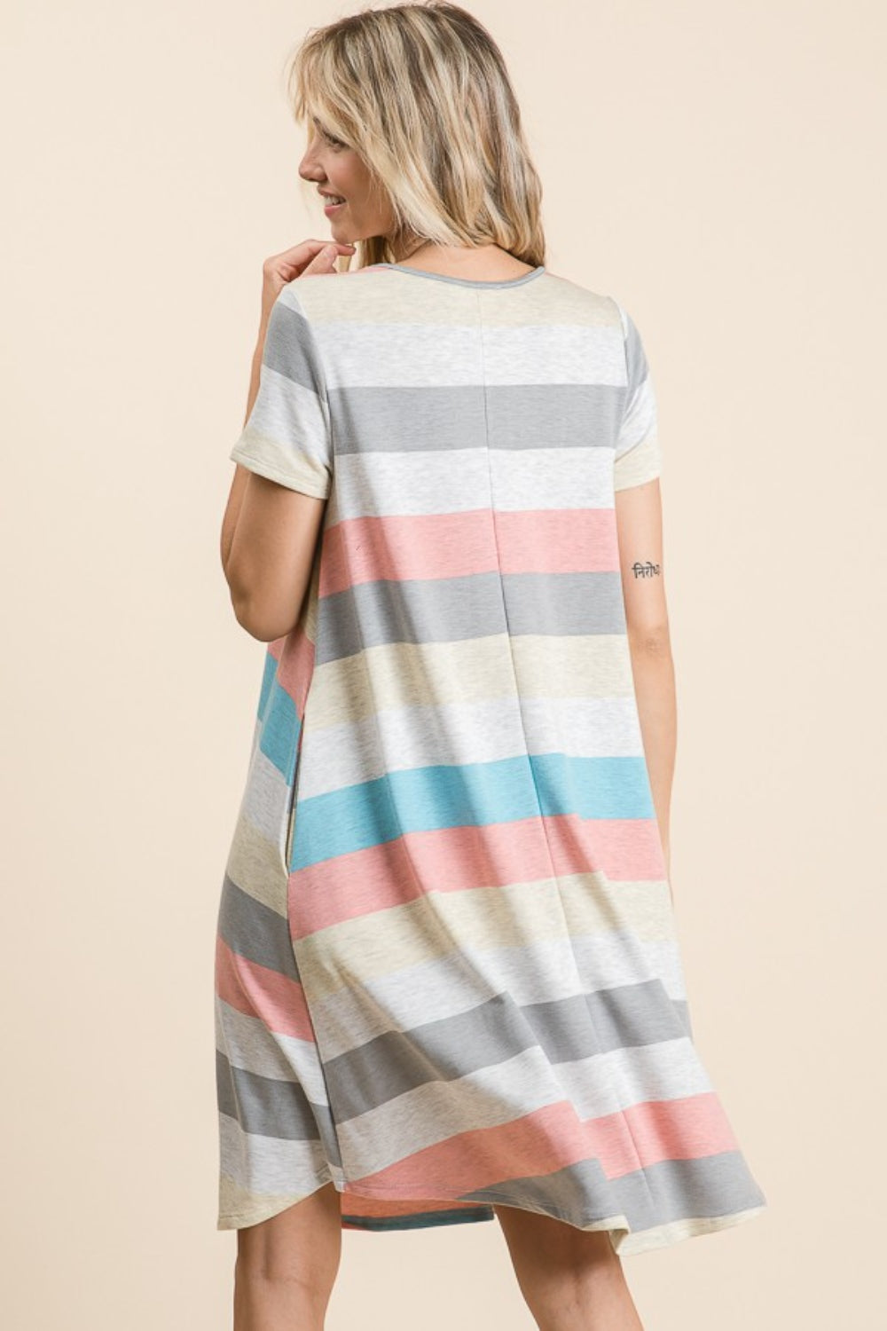 BOMBOM Striped Short Sleeve Dress with Pockets Creative Chaos Boutique