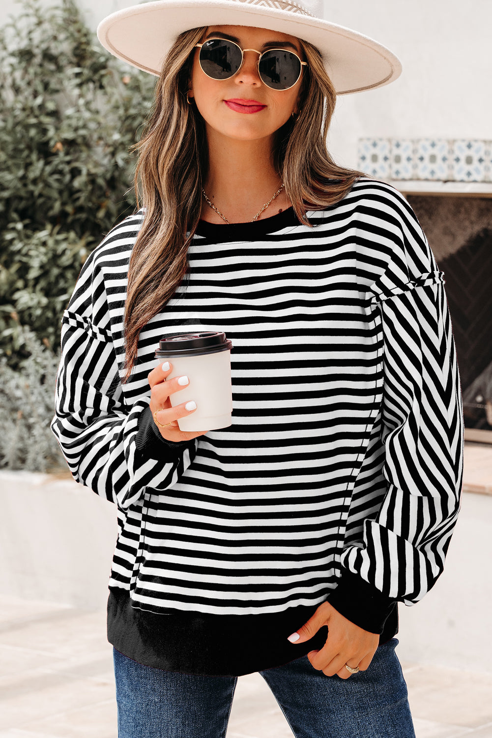 Orange Stripe Exposed Seam Drop Shoulder Casual Pullover Top