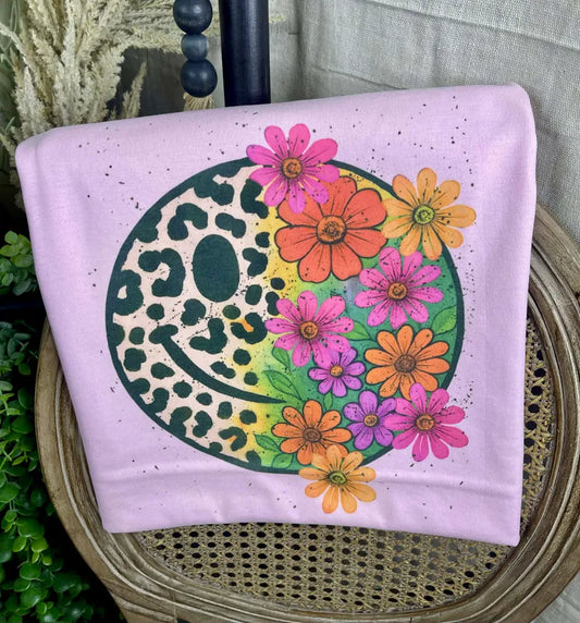 Leopard  and Floral Smiley Face (Gildan Tee)