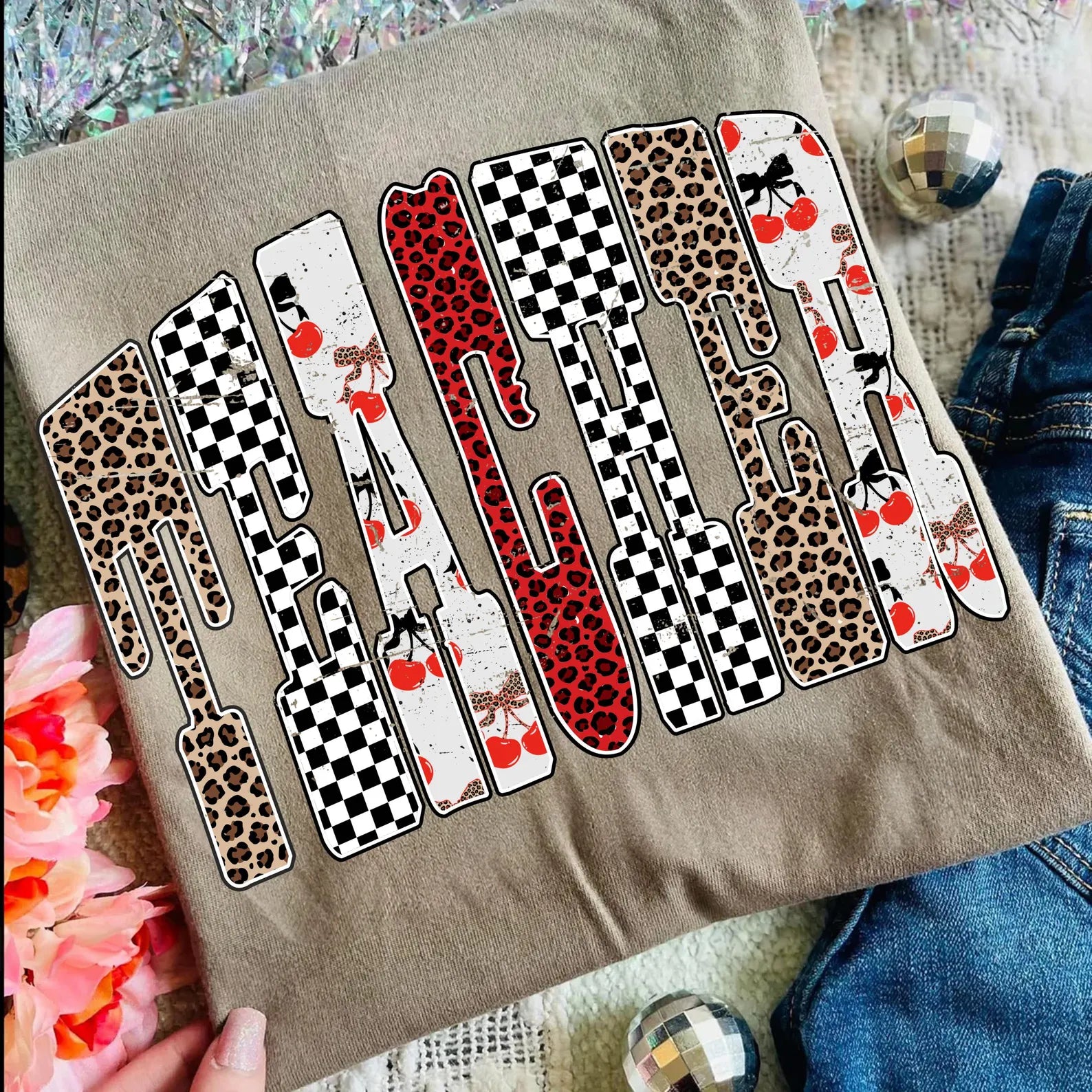 Teacher cherry checker leopard design tee or sweatshirt Gunpowder and Lace Boutique Nac