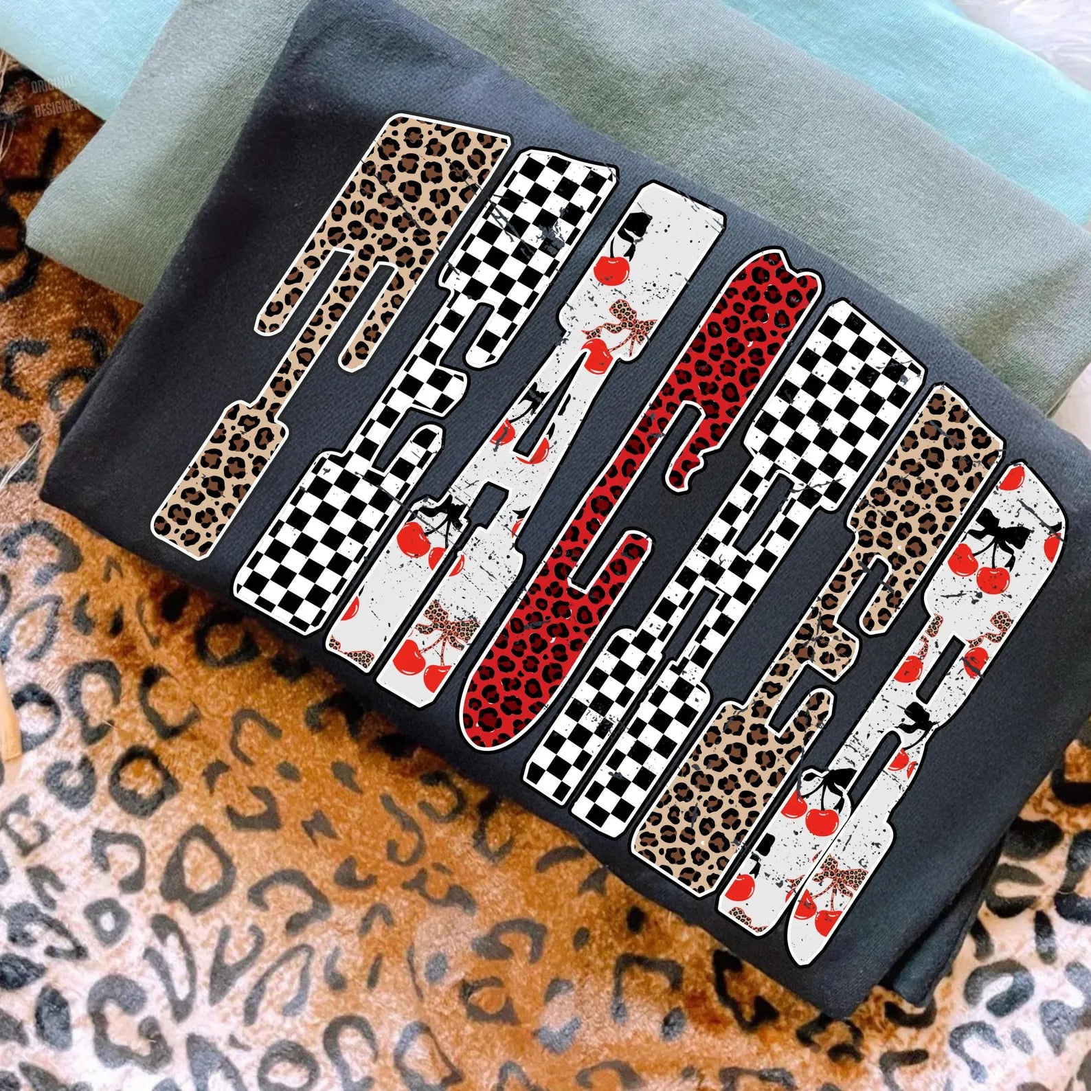 Teacher cherry checker leopard design tee or sweatshirt Gunpowder and Lace Boutique Nac