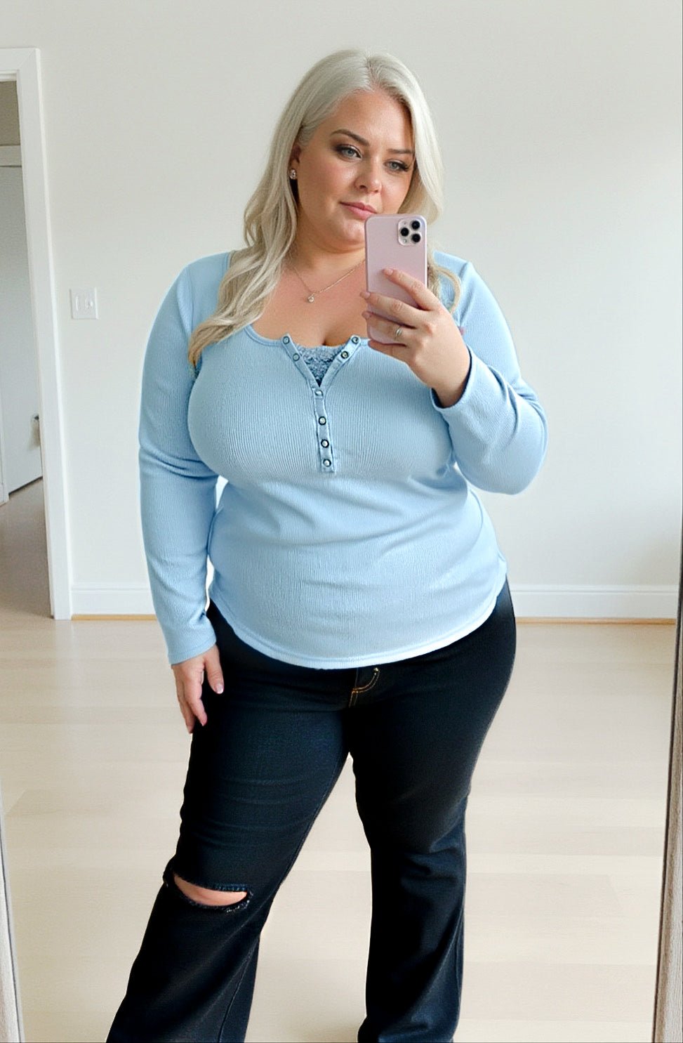 Payton Peekaboo-Lace Long Sleeve Ribbed Henley Girl Code Couture