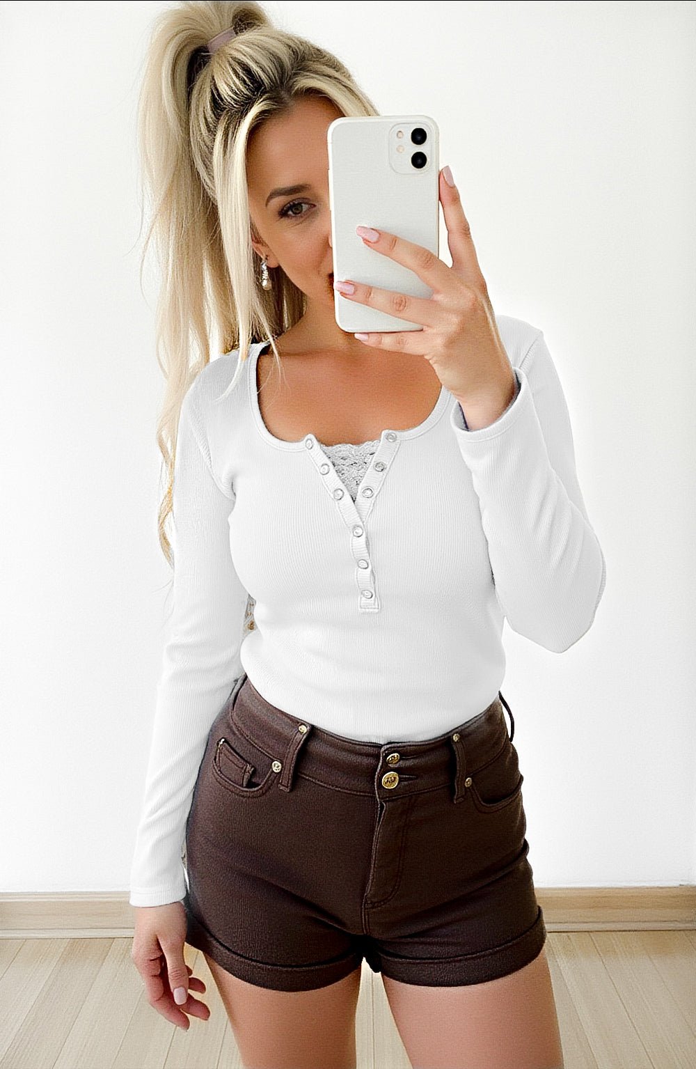 Payton Peekaboo-Lace Long Sleeve Ribbed Henley Girl Code Couture