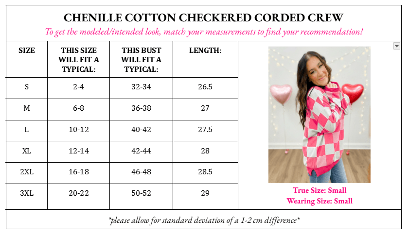 Pink Checkered Chenille Cotton Corded Crew Sweatshirt Girl Code Couture