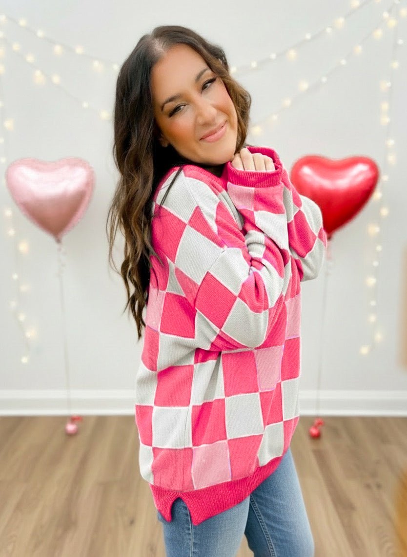 Pink Checkered Chenille Cotton Corded Crew Sweatshirt Girl Code Couture