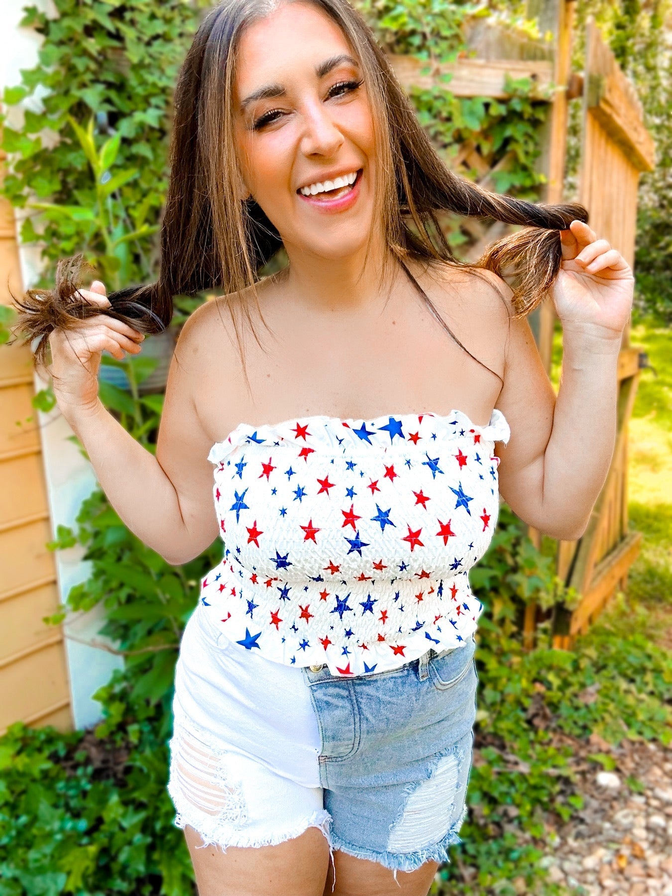 Star Smocked & Ruffled Cropped Tube Top Girl Code Couture