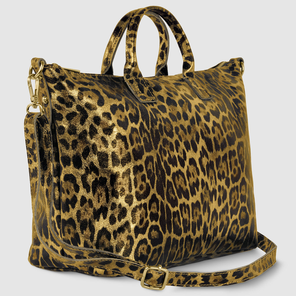 Leopard Metallic Suede Leather Top-Handle Bag