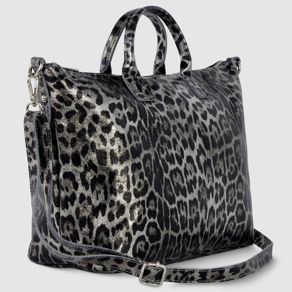 Leopard Metallic Suede Leather Top-Handle Bag