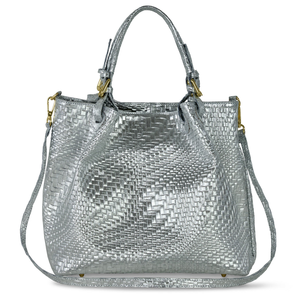 Grid Metallic Suede Leather Top-Handle Bag
