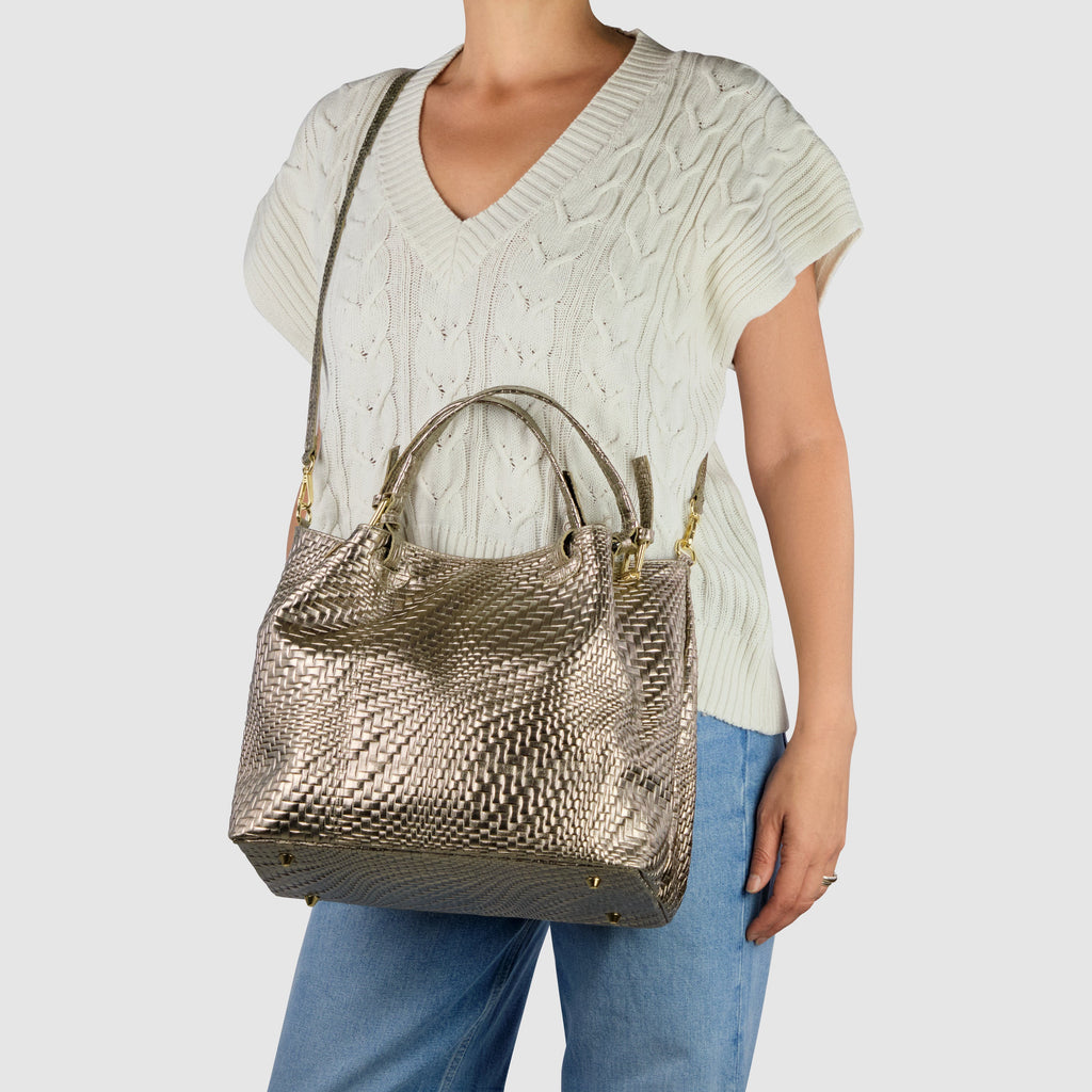 Grid Metallic Suede Leather Top-Handle Bag