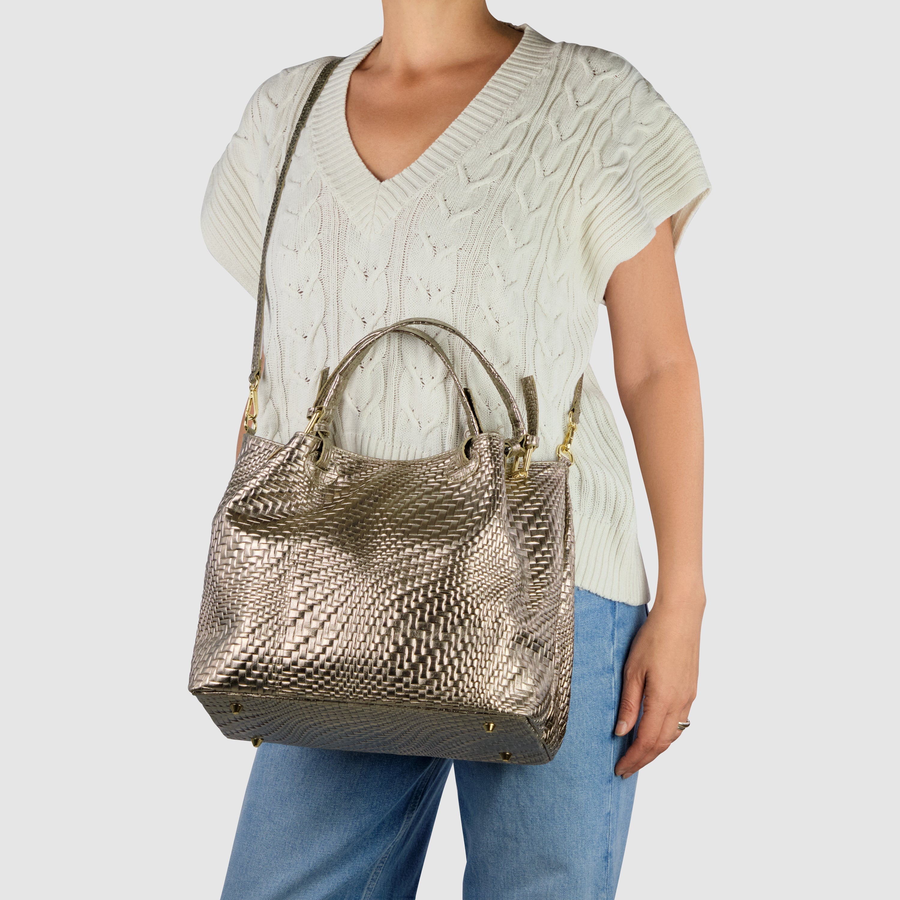 Grid Metallic Suede Leather Top-Handle Bag