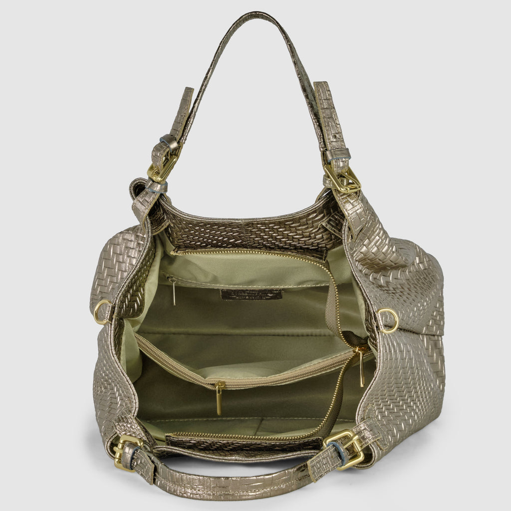 Grid Metallic Suede Leather Top-Handle Bag