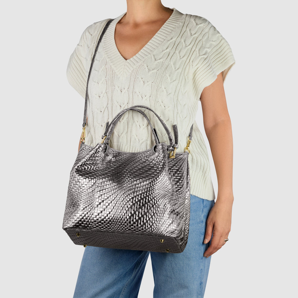 Grid Metallic Suede Leather Top-Handle Bag