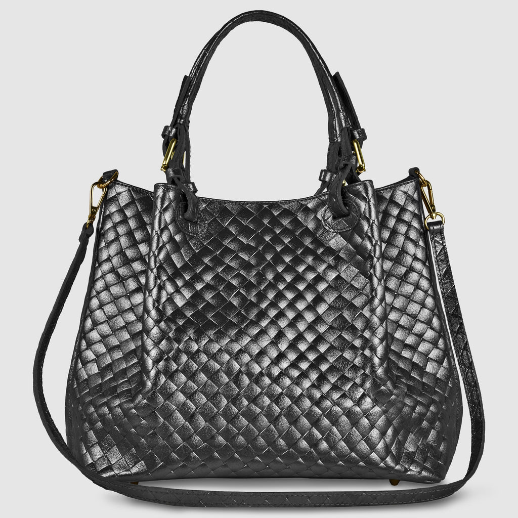 Weave Metallic Suede Leather Top-Handle Bag