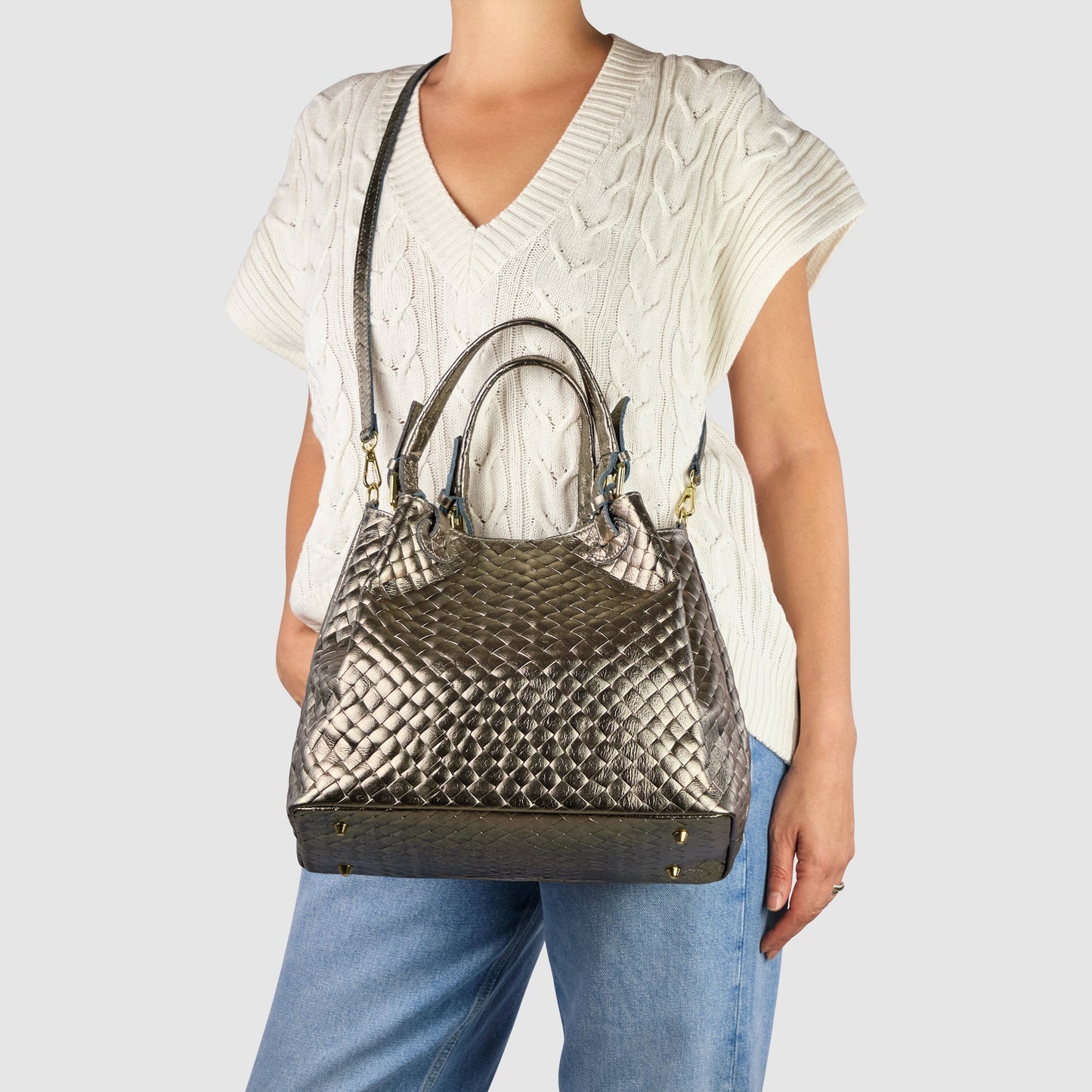 Italian Genuine Weave Metallic Suede Top-Handle Bag 112615