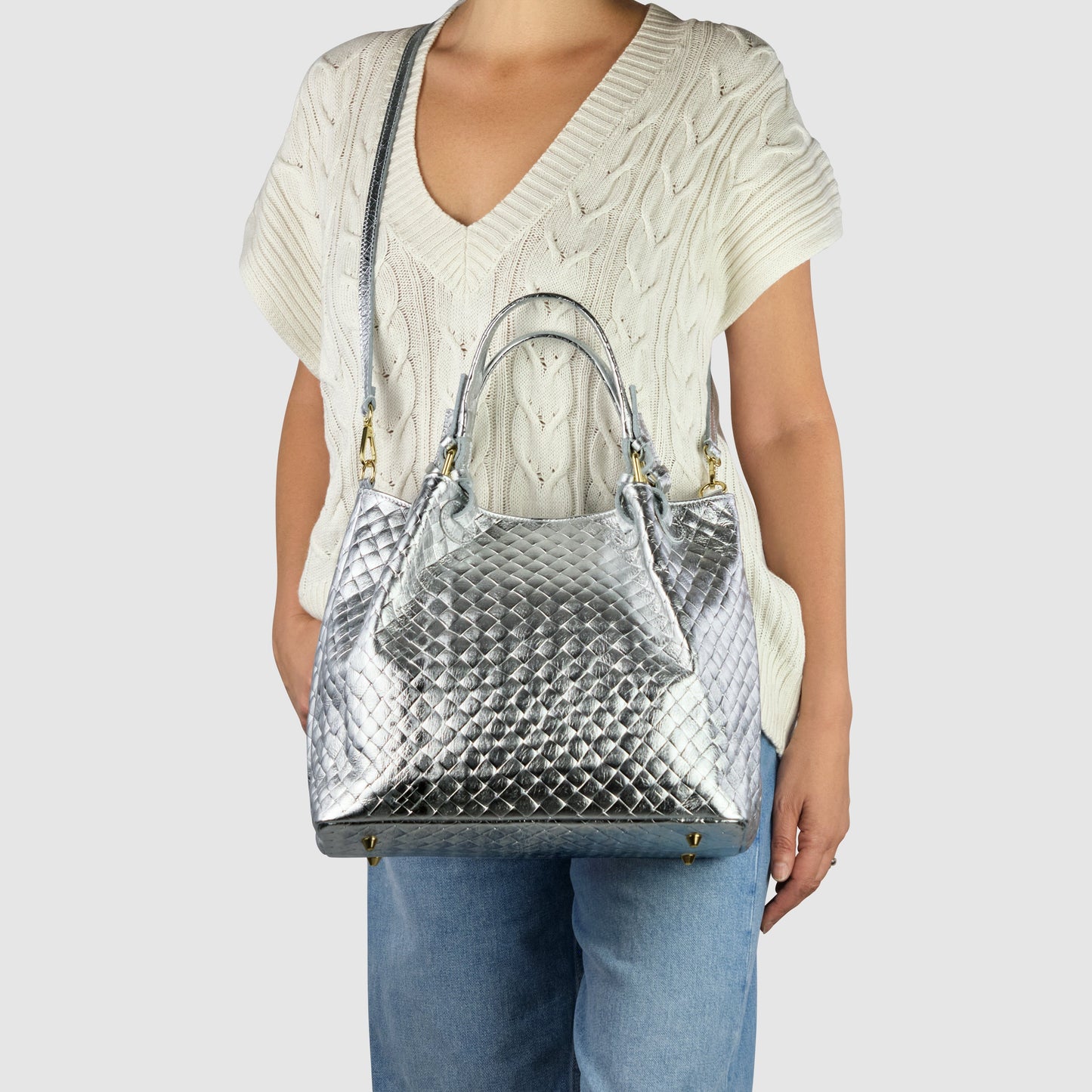 Italian Genuine Weave Metallic Suede Top-Handle Bag 112615