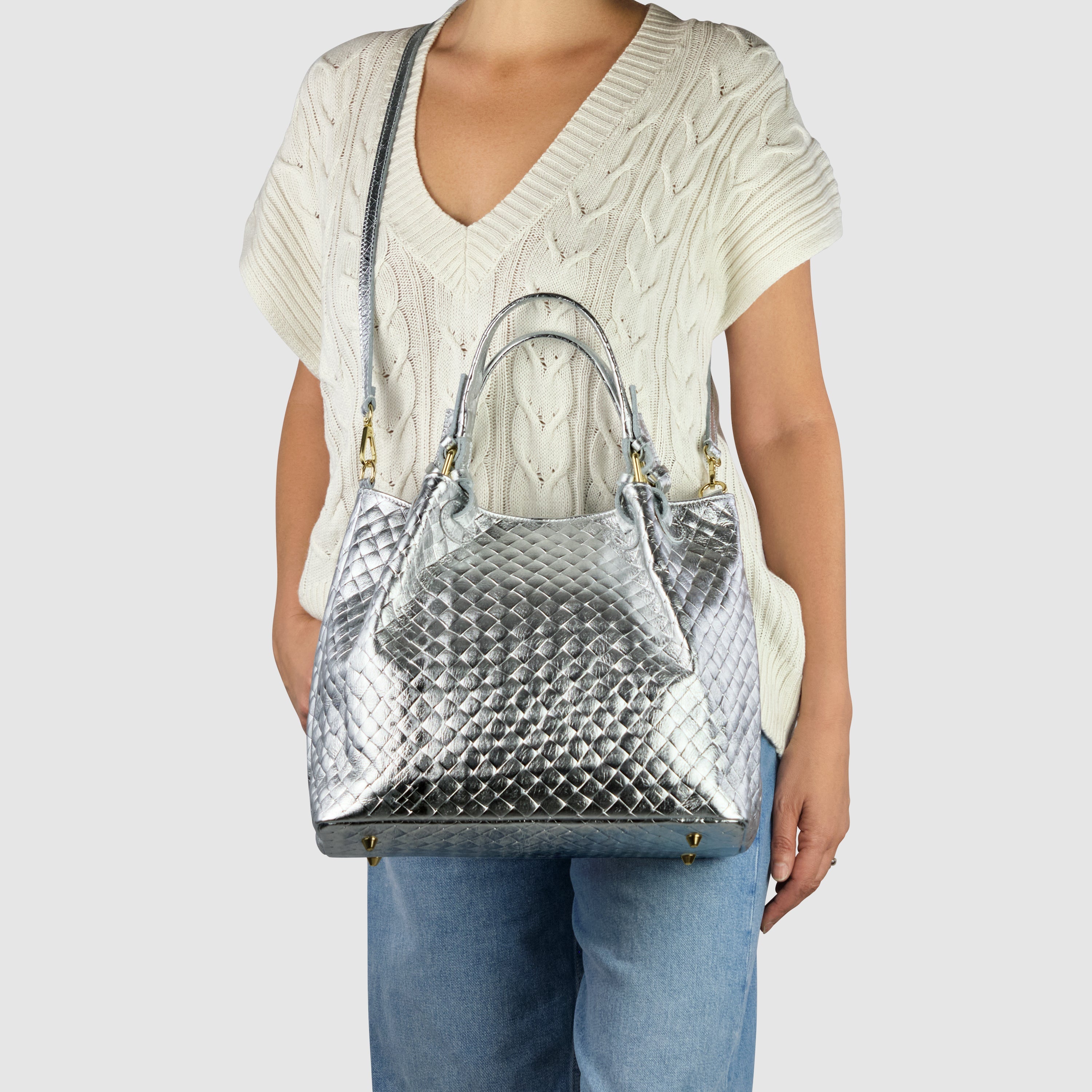 Weave Metallic Suede Leather Top-Handle Bag