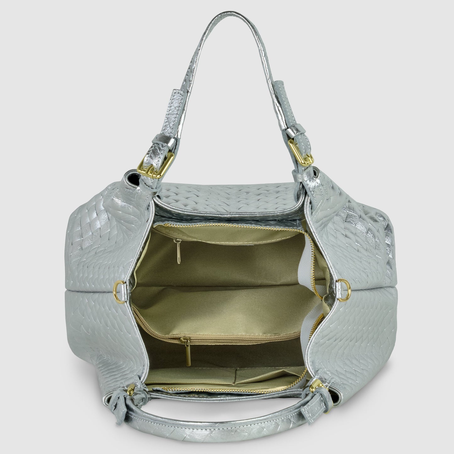 Italian Genuine Weave Metallic Suede Top-Handle Bag 112615