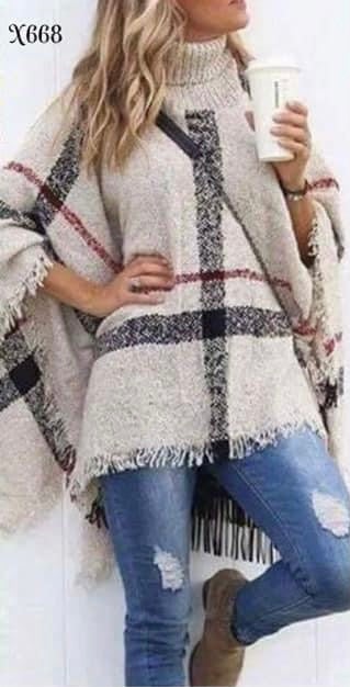 Plaid faux cashmere poncho