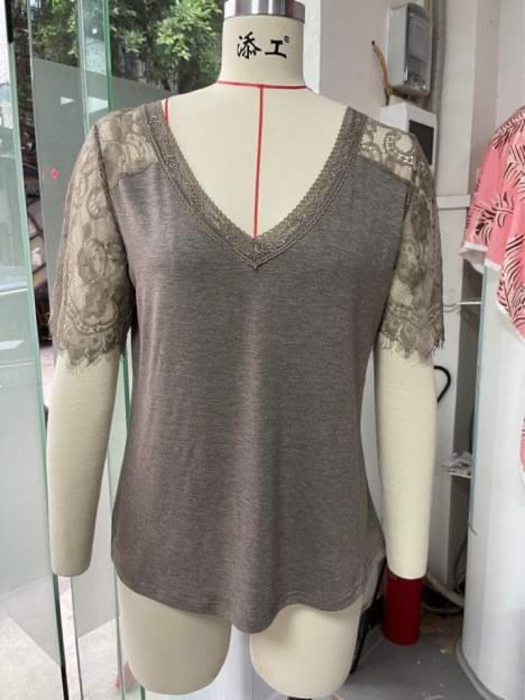 Lace Sleeve V-Neck Shirt RTS