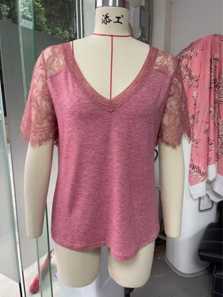 Lace Sleeve V-Neck Shirt RTS